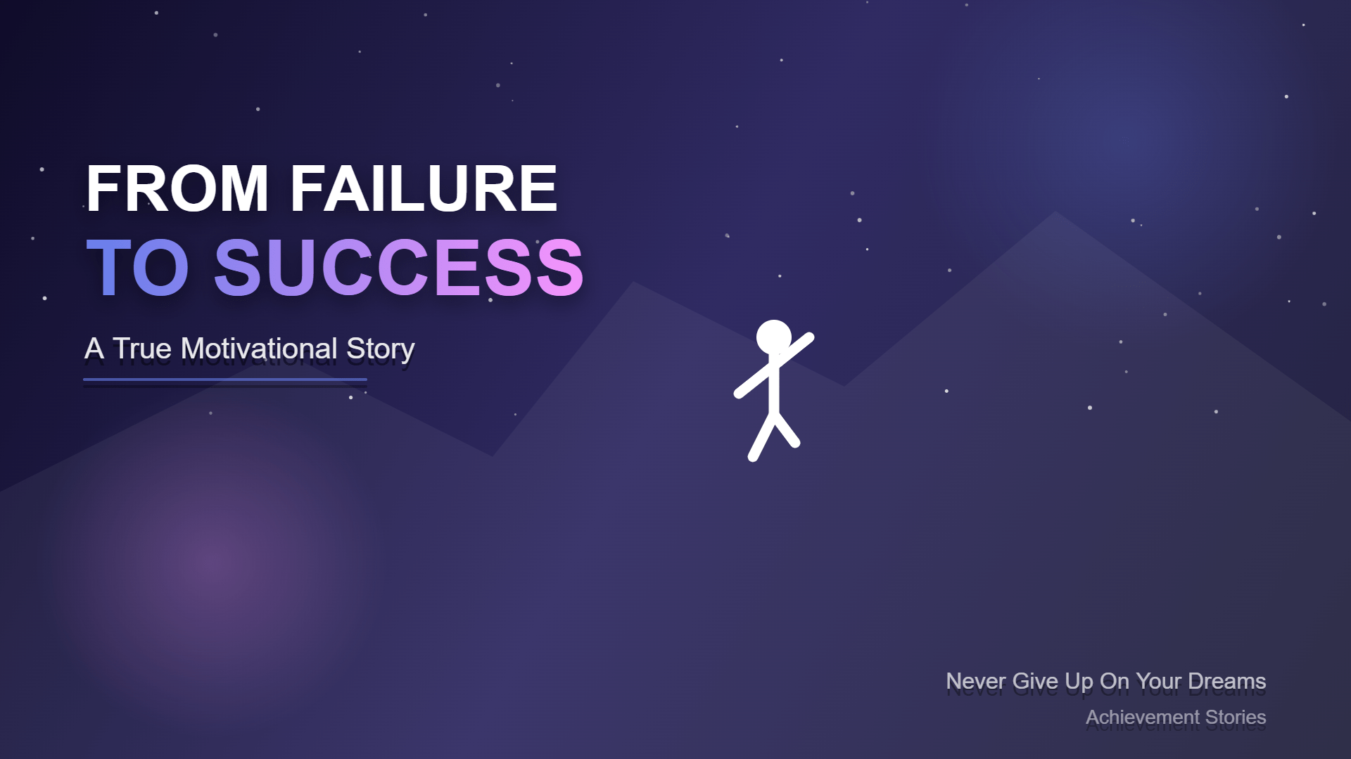 Motivational story illustration showing person climbing mountain from darkness to light representing transformation and success